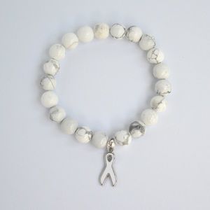 Lung Cancer White Ribbon Howlite Beaded Bracelet